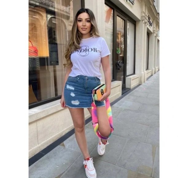 Blue High Waist Ripped Distressed Frayed Hem Denim Jeans Bodycon Mini Skirt - Picture 12 of 15